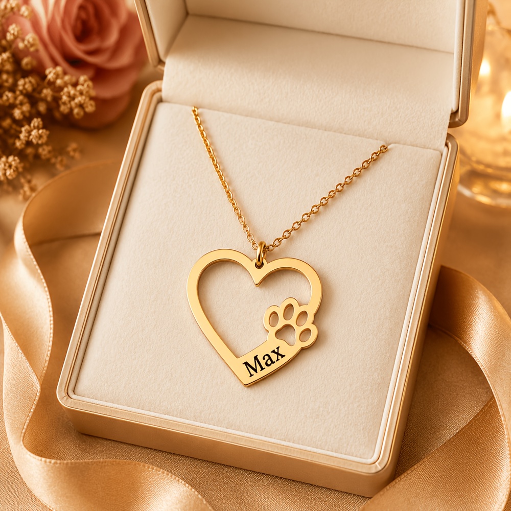 Personalized 18K Gold Plated Pet Name Necklace with Heart Paw Print Pendant